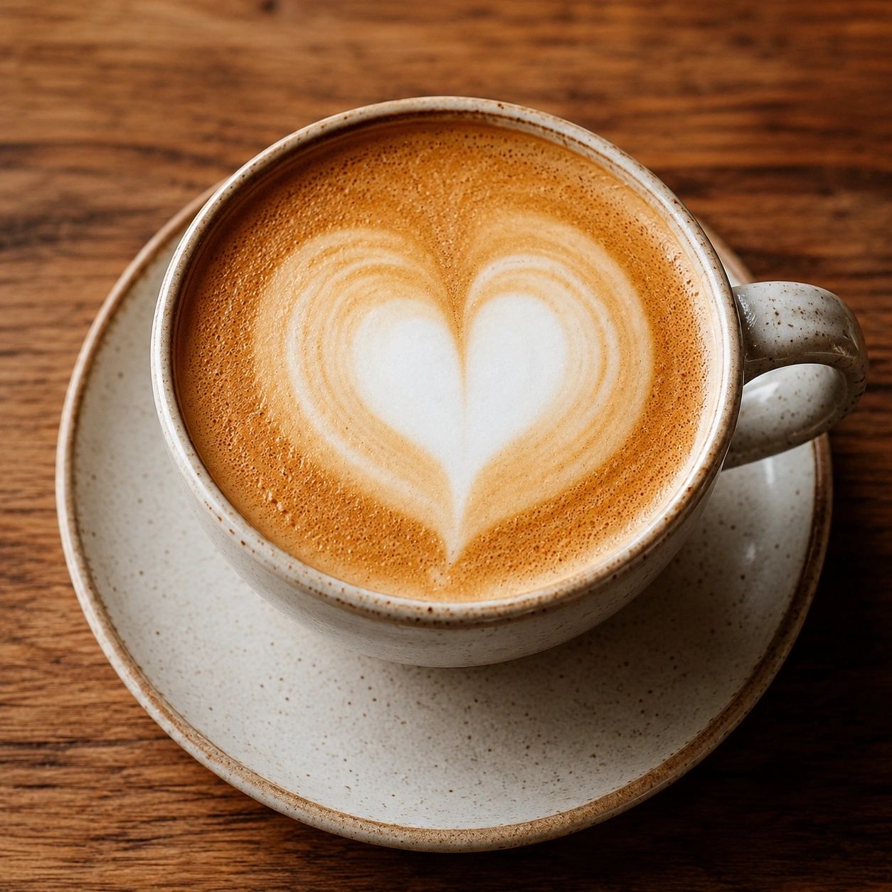 A latte with heart art in a cream cup