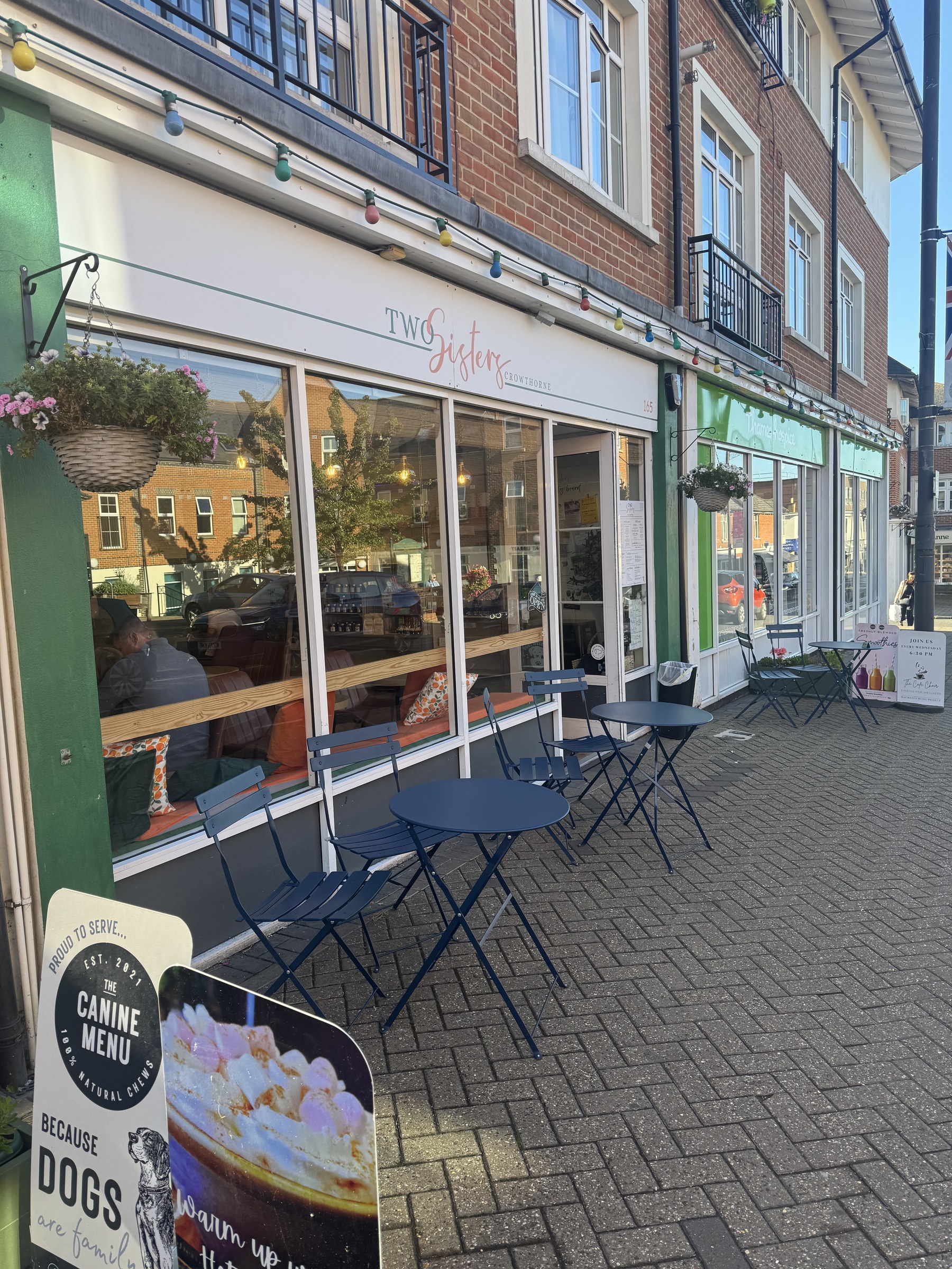 Two Sisters on Crowthorne High Street: the shopfront and the bistro tables outside