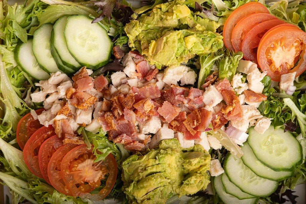 A chicken, bacon and avocado salad bowl